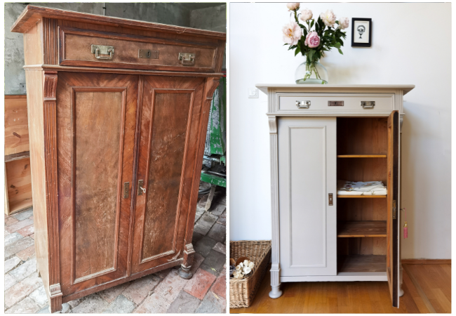 Vorher/Nachher Bild eines gestrichenen Schranks